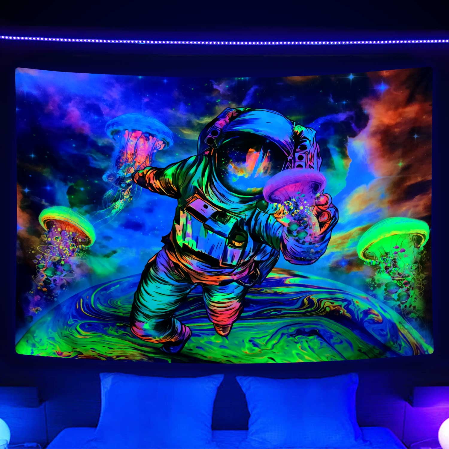 Blacklight Astronaut Tapestries, UV Reactive Bohemian Trippy Wall Hanging Tapestry, Fantasy Space Jellyfish Tapestry Planet Wall Art 60X40 inches