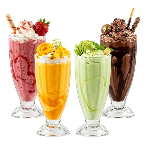 OVENTE Milkshake Glasses Set of 4, 12.5 Oz Old Fashioned Soda Glass, Fountain Classic Footed Ice Cream Cups for Strawberry Shake, Smoothies, Sundae, Root Beer Float or Tropical Drinks, Clear GM22040
