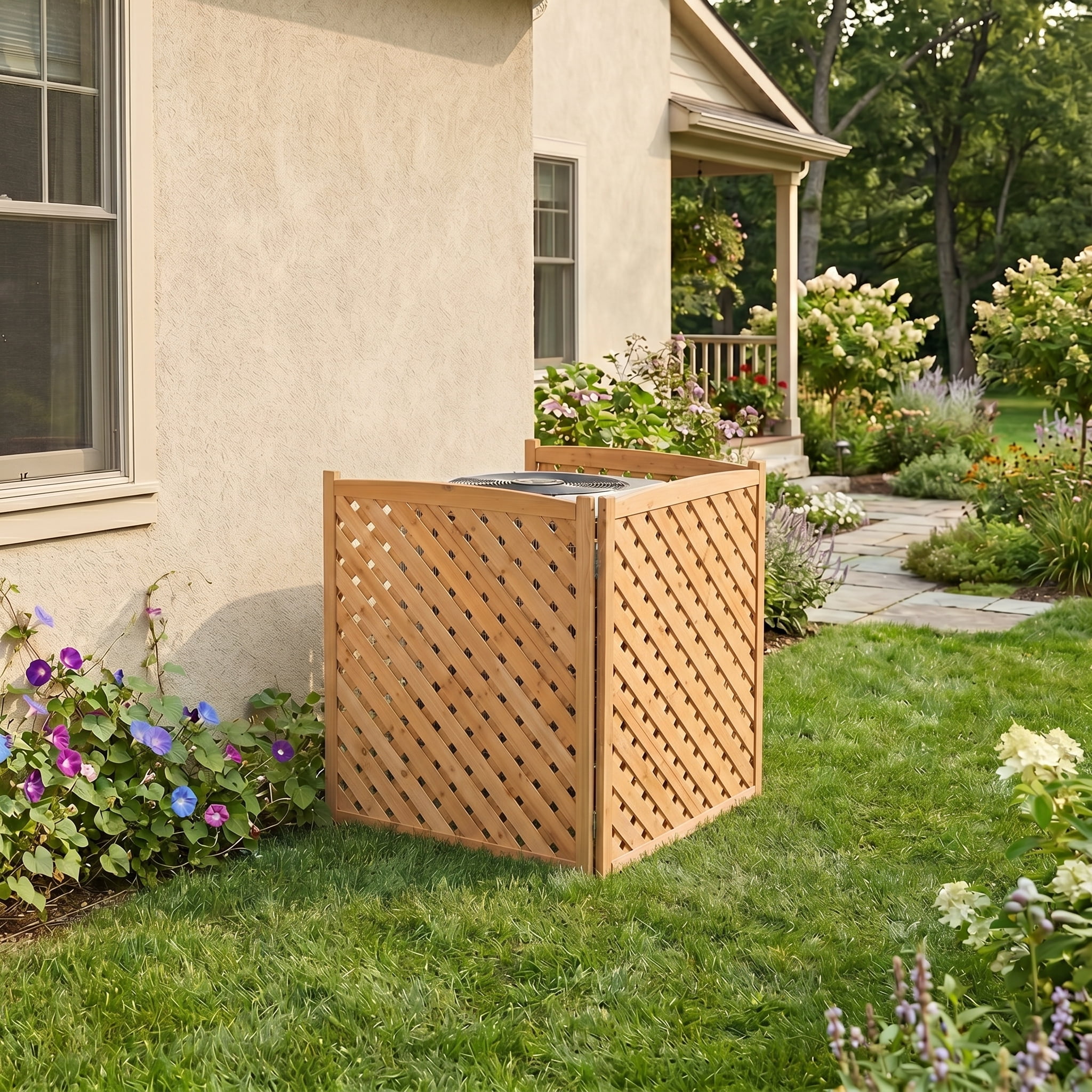 3-Panel Outdoor Air Conditioner Privacy Fence Screen, Solid Wood Enclosure and Trash Can Hide for AC Unit, Light Brown