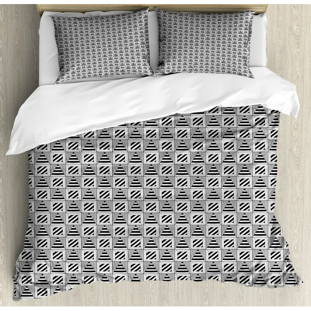 Black and White King Size Duvet Cover Set, Monochrome Squares and
