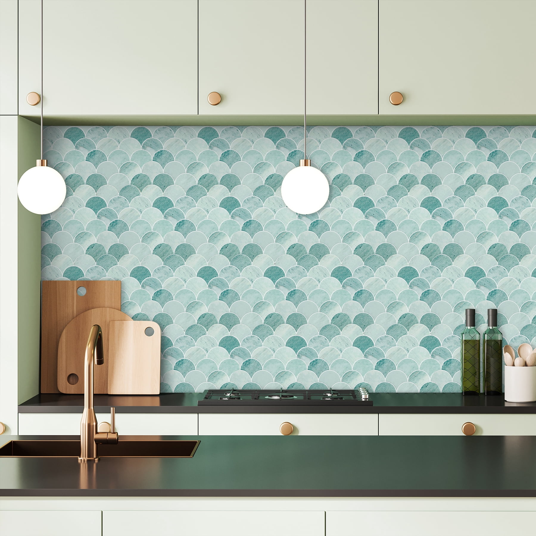 Peel and Stick Backsplash Fish Scale Tile, Removable Renter Friendly Backsplash 3D Adhesive Stick on Wall Tiles for Kitchen Bathroom (10 Sheets, Marble Green)