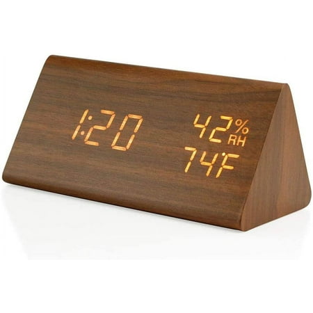 Wooden Alarm Clock, Wood Alarm Clock Smart LED Digital Clock for Bedroom/desks, Upgraded with Time Temperature, Adjustable Brightness and Voice Control, Humidity Displaying