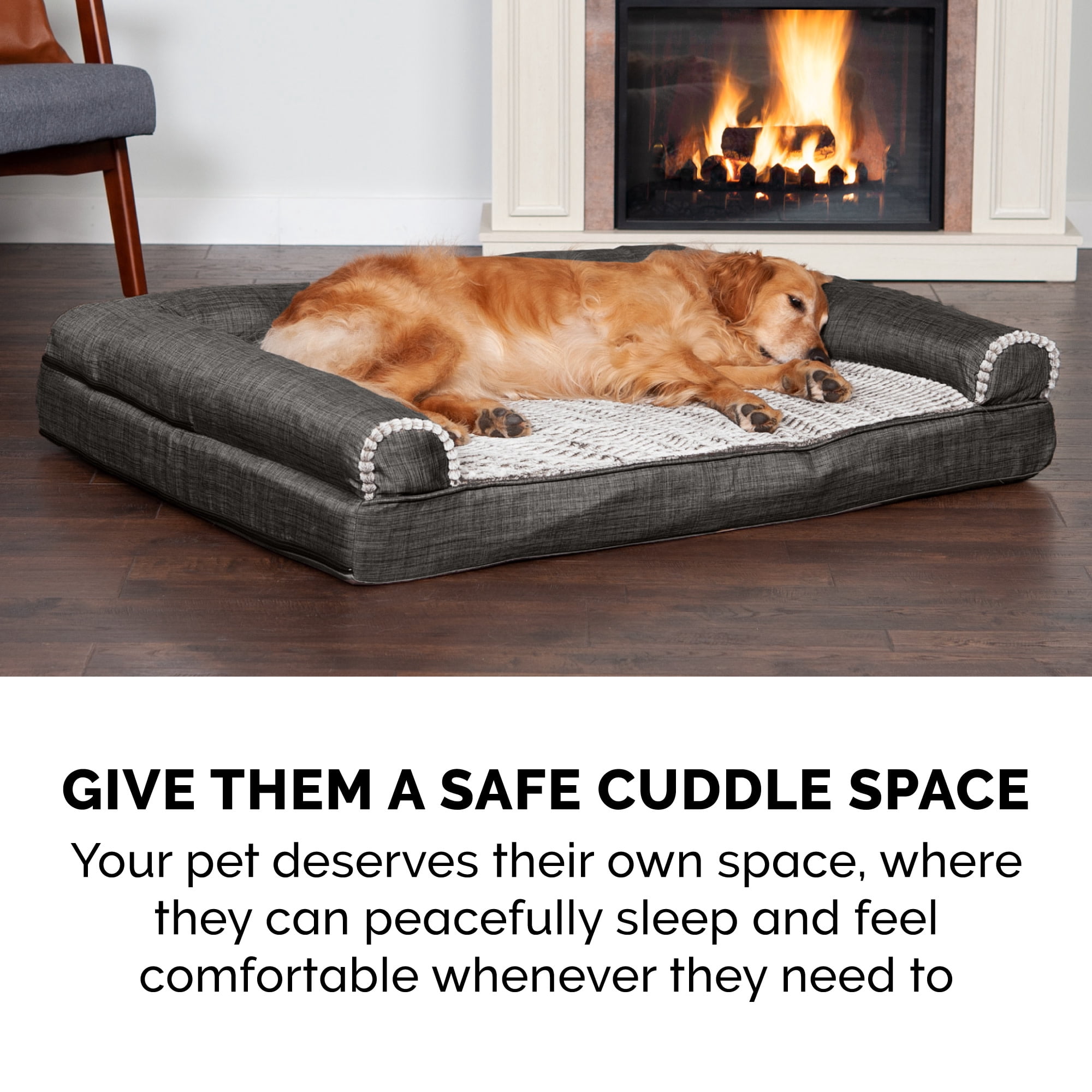 FurHaven Luxe Fur & Performance Linen Cooling Gel-Top Sofa Pet Bed, Charcoal, Jumbo, 1 Count