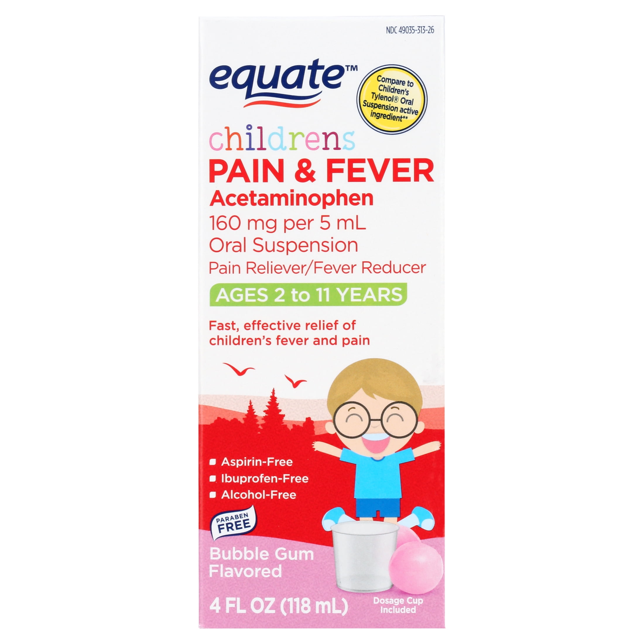 (3 pack) Equate Children's Pain Reliever/Fever Reducer Acetaminophen Oral Suspension, Bubble Gum Flavor, 160 mg, 4 fl oz