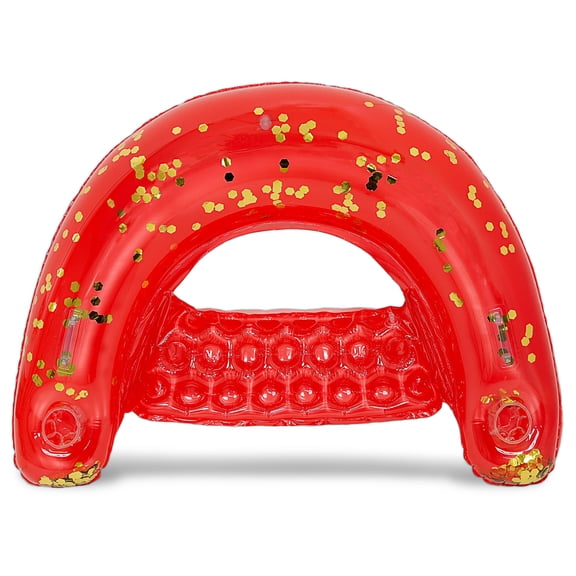POZA Inflatable Red Gold Pool Float Chair - Sparkly Confetti Lounge Inflatable Float with 2 Built-in Cup Holders and Handles, Floating Lounger Chair for Beach, Lake and Pool - 48x38 Inches