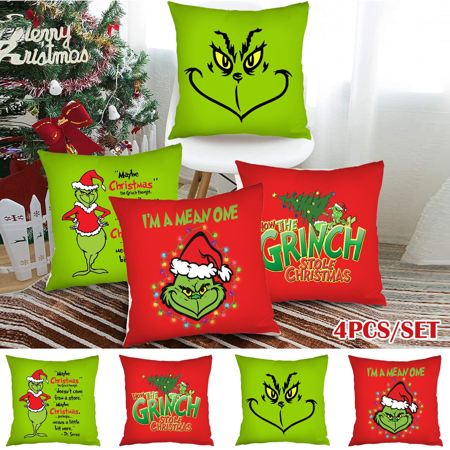 4pcs/set Grinch Christmas Decorative Pillow Cover