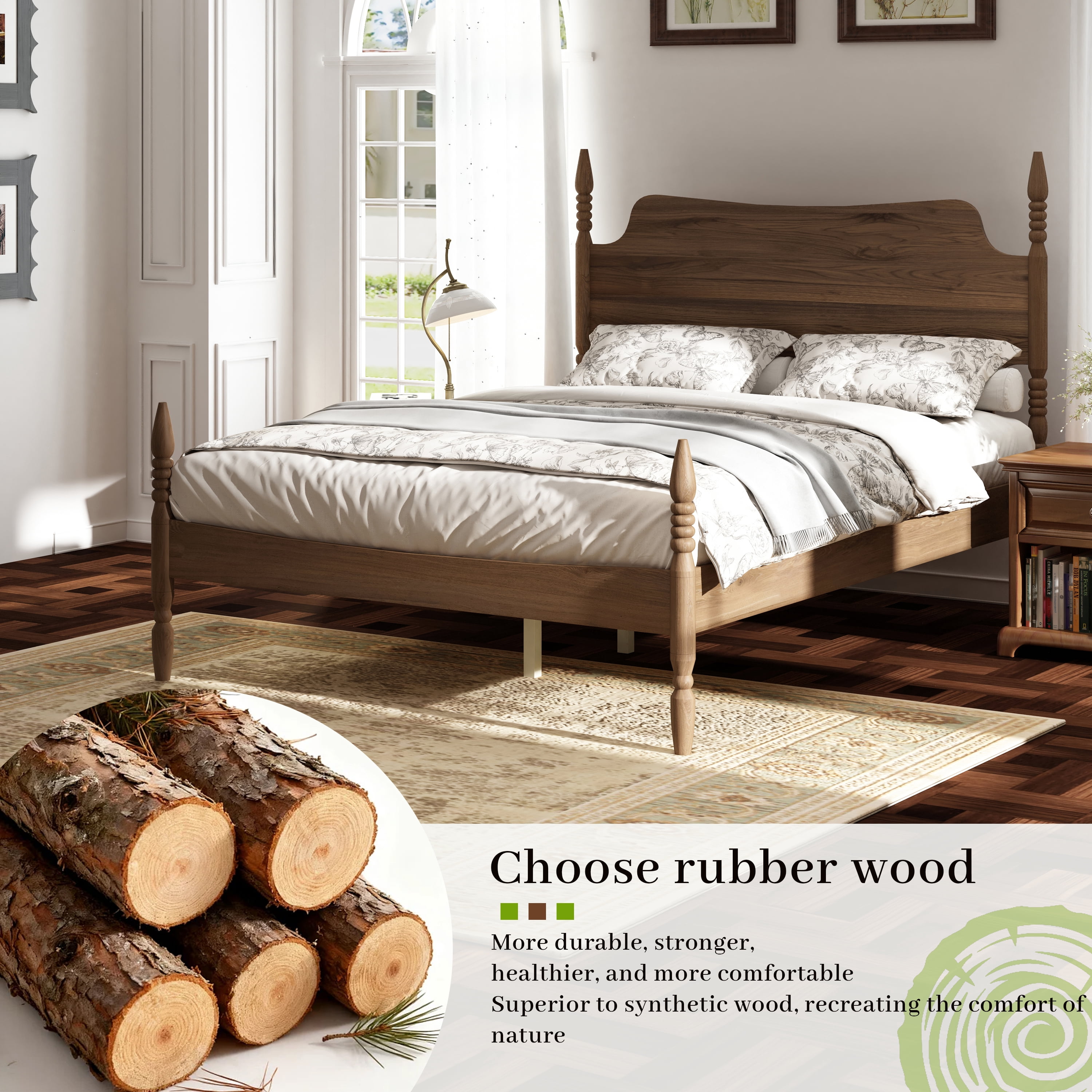 Queen Size Platform Bed Frame,Spindle 4-Poster Bed with Curved Tall Headboard, No Box Spring Needed, Walnut Finish, 800 lbs Capacity