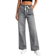 thumbnail image 2 of Risckoth Women's Plus Size Drawstring Elastic Waist Jeans Straight Leg Loose Fit Side Pockets Solid Casual Long Pants S-2XL, 2 of 7