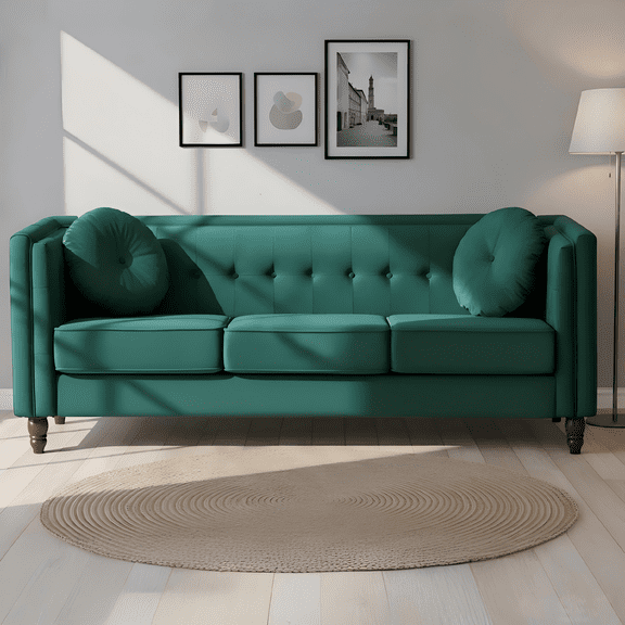 Classic Chesterfield Sofa, Modern Clean Line Tufted Couch with Square Arms & Tapered Wood Legs, Crushed Velvet Upholstered Sofa for Living Room