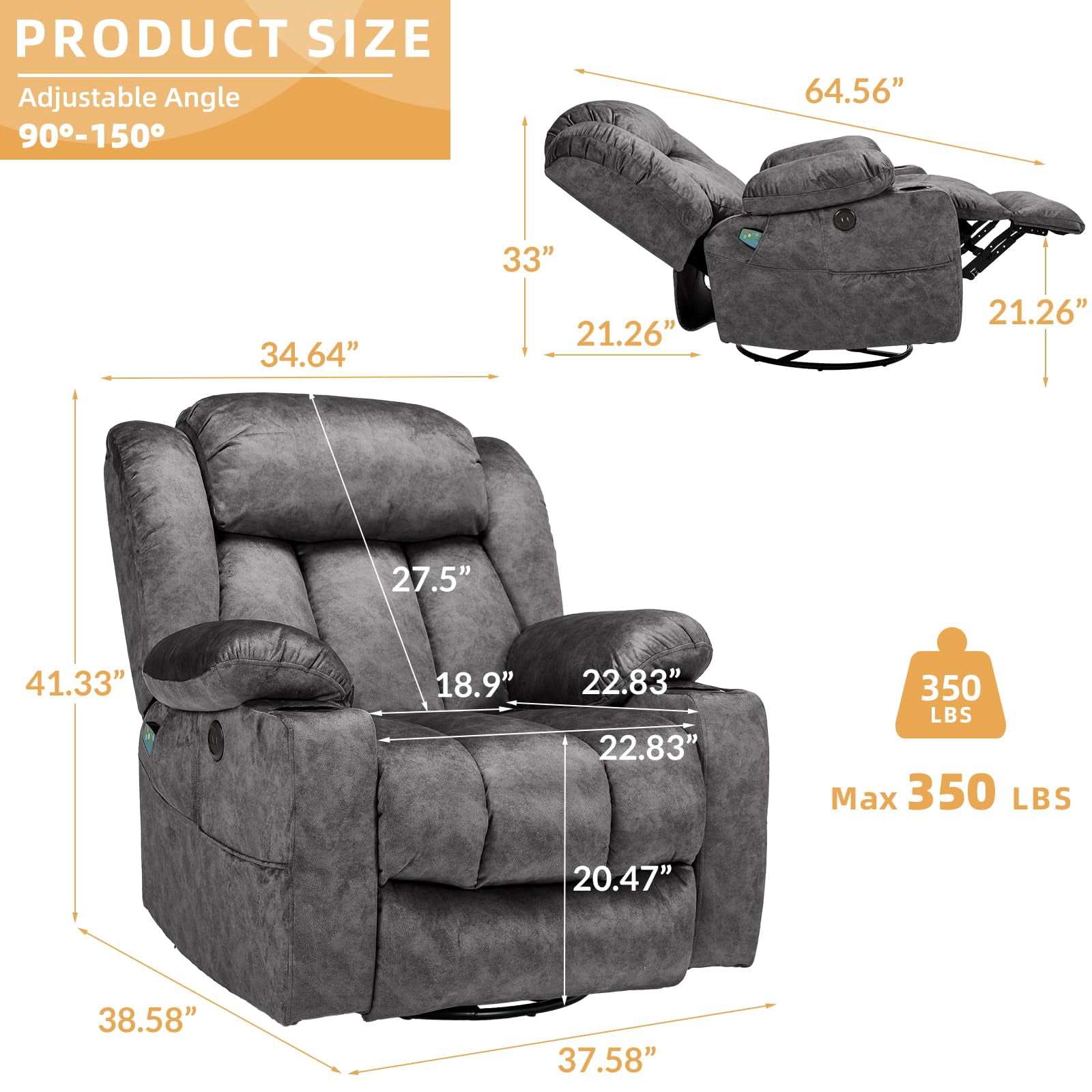 360° Swivel Glider Rocking Recliner Chair, Overstuffed Manual Massage Recliner with Heat and Vibration, Single Modern Sofa Home Seating for Living Room, USB Ports/Cup Holders (Plush-Grey)