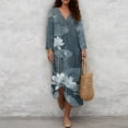 thumbnail image 4 of COEQINE Bohemian Asian 3/4 Sleeve Wrap Dress for Women, Oriental Zen Style Midi Tunic Loose Fit Dress with Linen Feel Casual Sundress, Modest Easy Wash & Wear, Size M, Grey Blue Lotus, 4 of 6