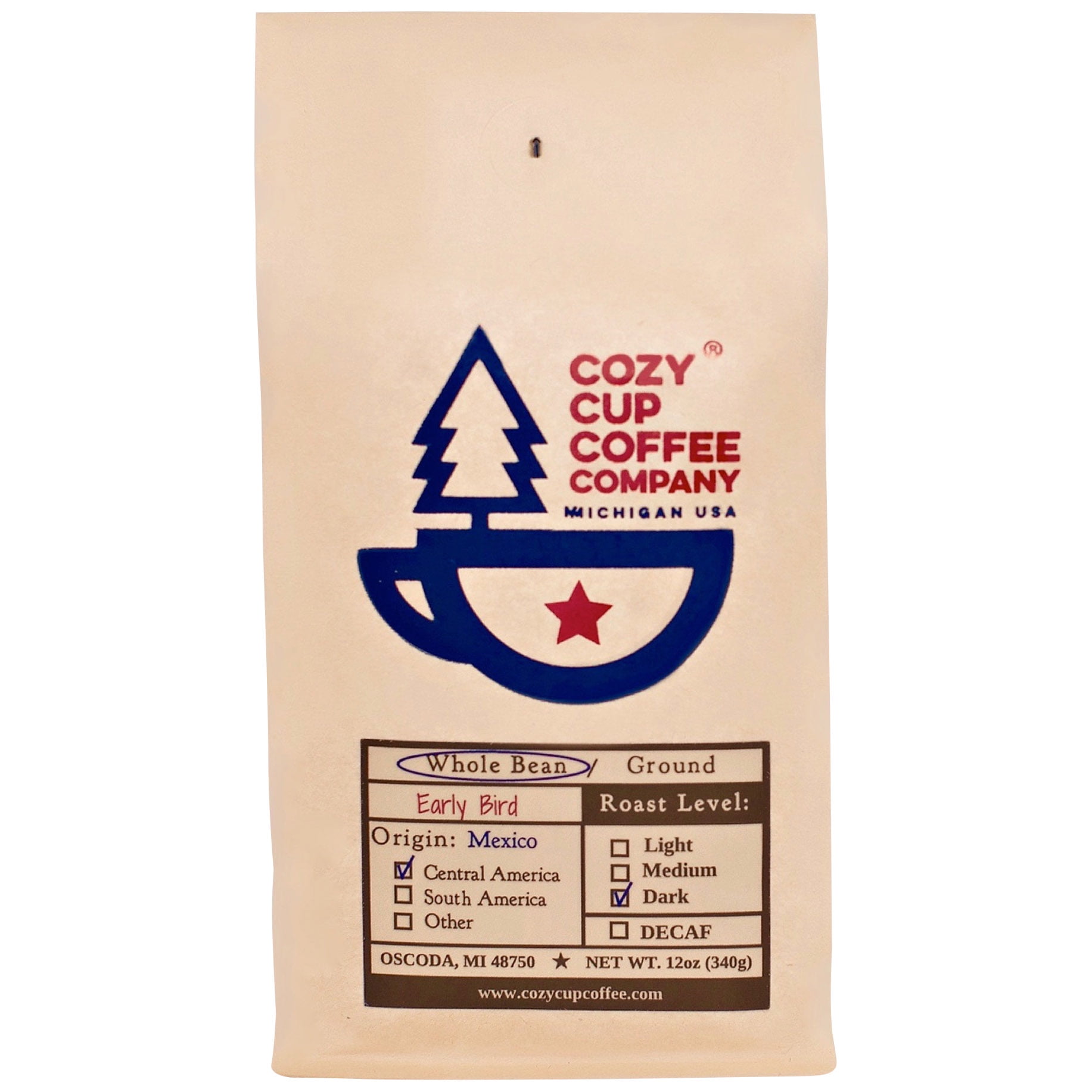 Cozy Cup Coffee Company, Early Bird,  Dark Roast, Whole Bean Coffee, 12 oz bag