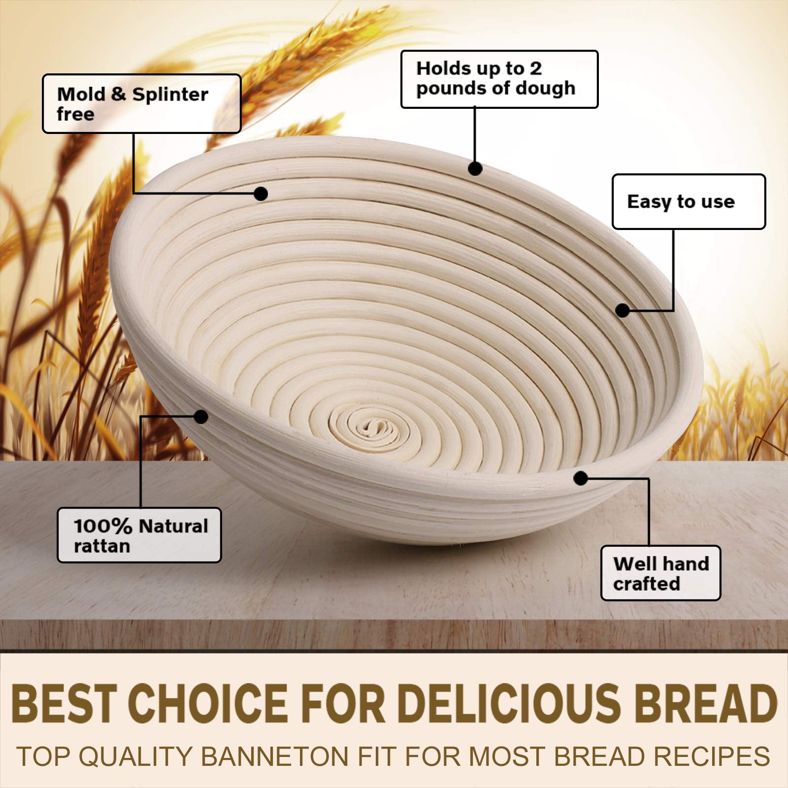 ALLJOY 2pcs Banneton Bread Proofing Basket with 2 Bread Bag，9 Inch Round & 10 Oval Cane Sourdough Bread Proofing Baskets Baking Supplies，Sourdough Starter Kit