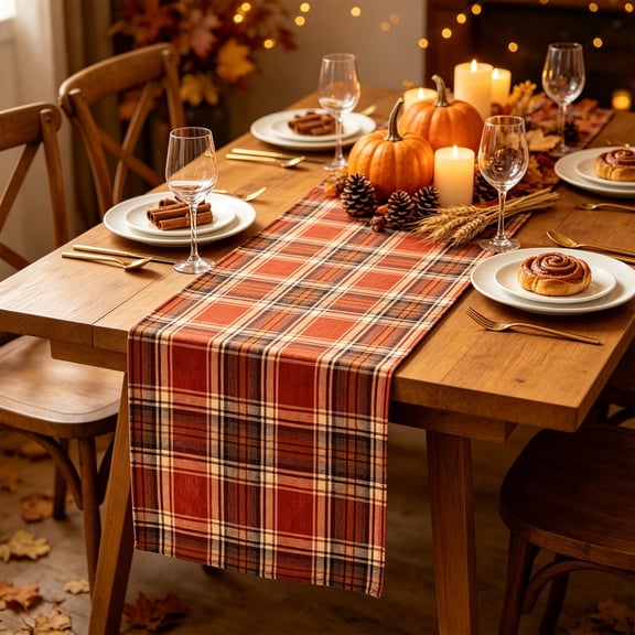 Fall Plaid Table Runner, Orange Polyester for Thanksgiving Holiday Dining Table Decor