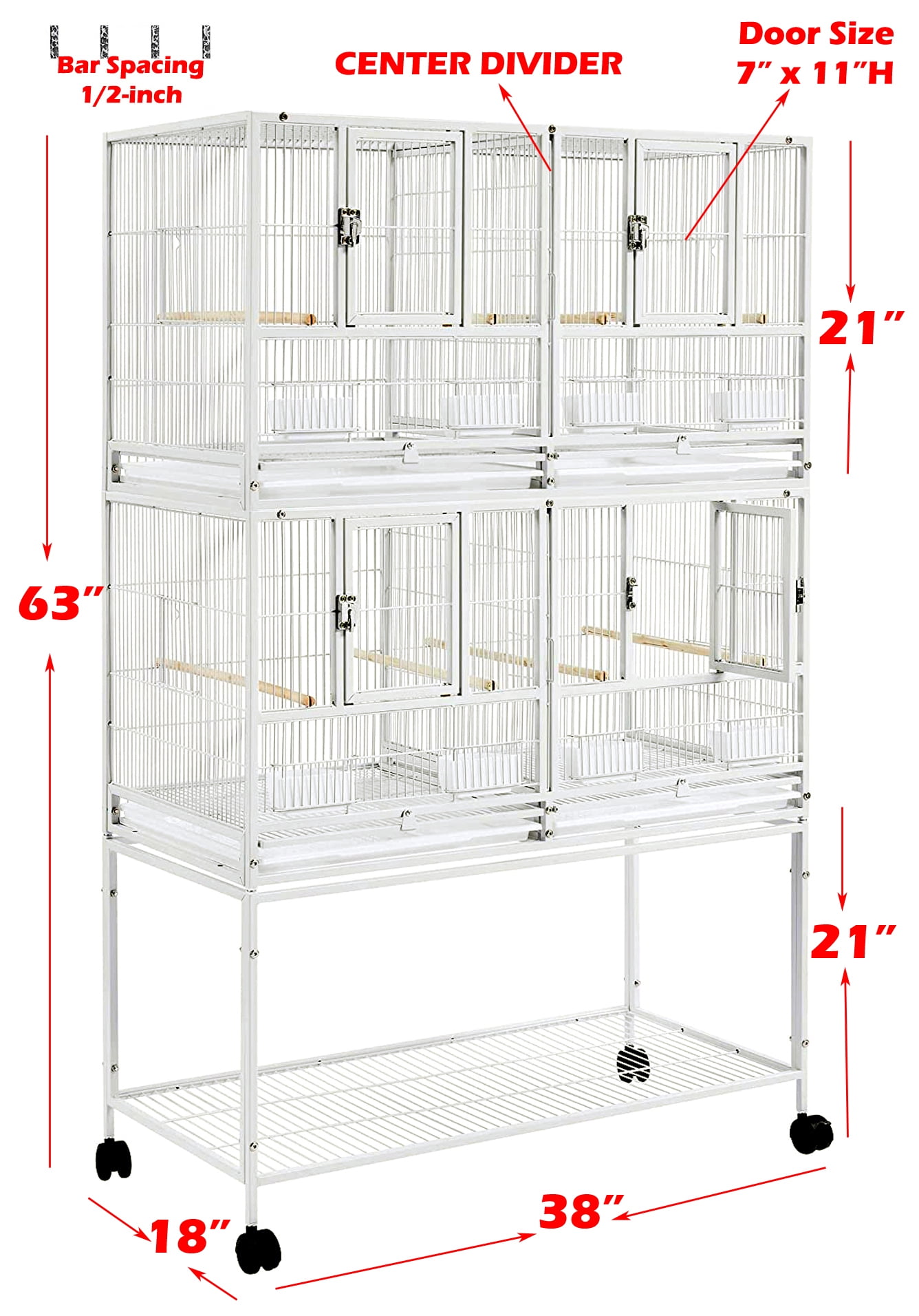 White Deluxe Double Story Stackable Center Divided Breeder Breeding Bird Flight Rolling Cage With Side Breeding Nest Doors for Aviaries Canaries Cockatiels Lovebirds Finches Budgies Small Parrots
