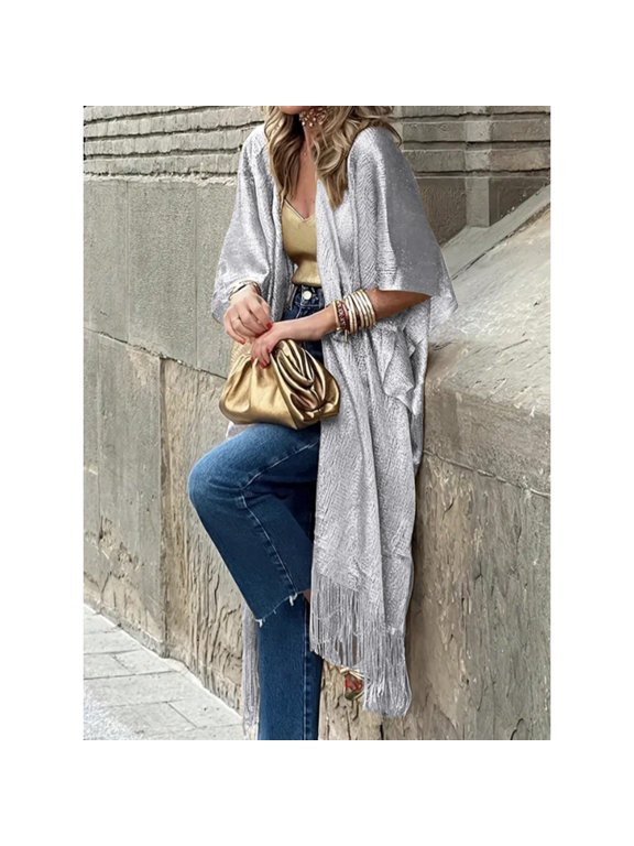 Women's Boho Fringe Kimono Cardigan, Spring Summer Open Front Lightweight Duster for Beach Vacation