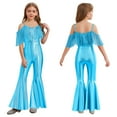 thumbnail image 6 of Raenseen Girls Sparkly Sequins Tassel Pageant Dance Party Jumpsuit Spaghetti Strap High Waist Flared Pants Romper Light Blue 12, 6 of 7