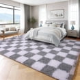 thumbnail image 3 of ZENELESS 8x10 Fluffy Rug for Living Room,Checkered Shaggy Soft Anti-Skid High Pile Carpet for Boys Girls Teen Room Dorm Home Decor,White and Light Gray, 3 of 7