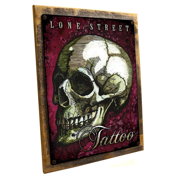 Framed, Outdoor Lone Street Tattoo 9"x12" Metal Sign, Wall Decor for Studio or Office, Hand-Crafted from reclaimed materials