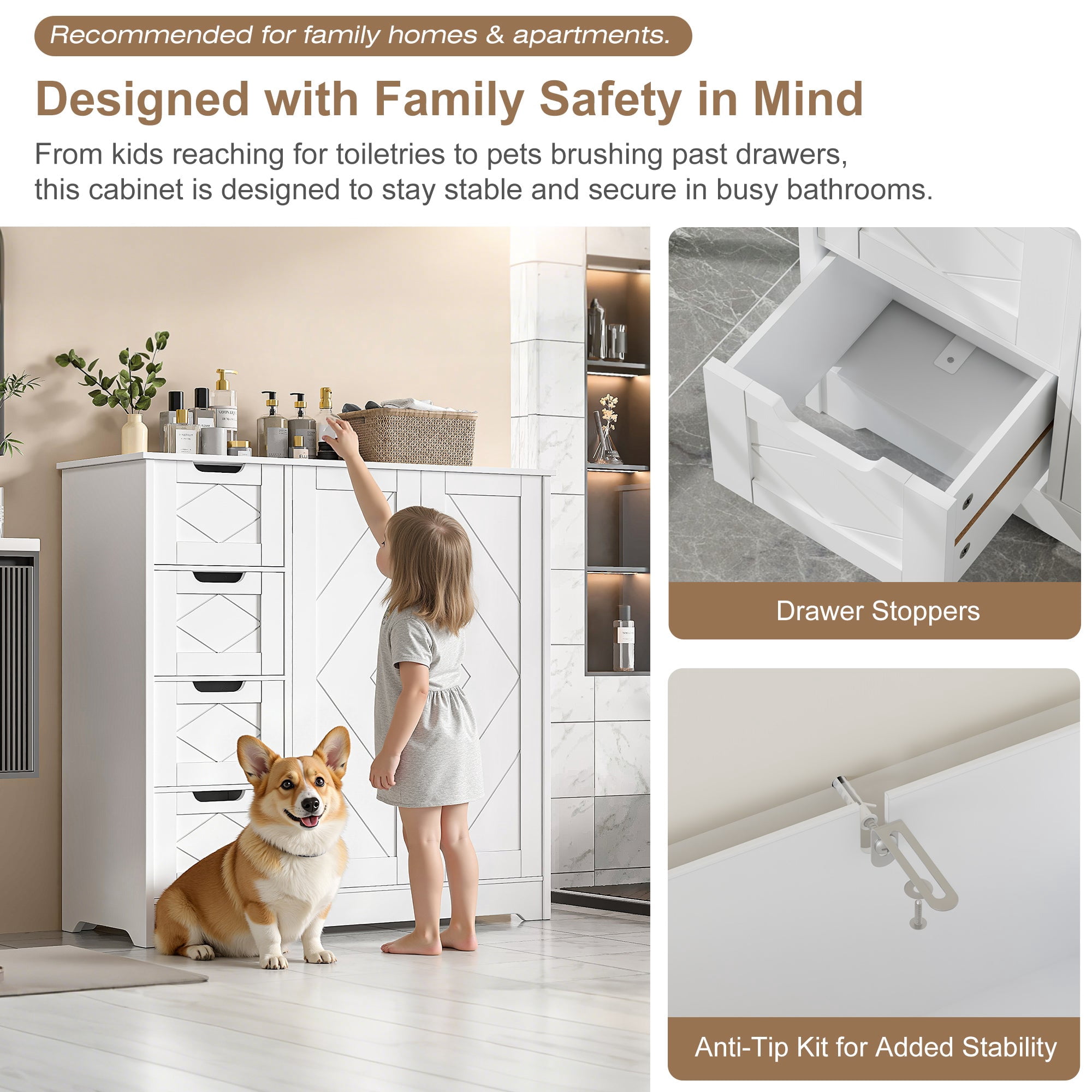 VECELO Bathroom Storage Cabinet, Floor Cabinet with 4 Drawers and Adjustable Shelf, Double Door Storage Organizer for Living Room,Bathroom, Kitchen, Entryway, White