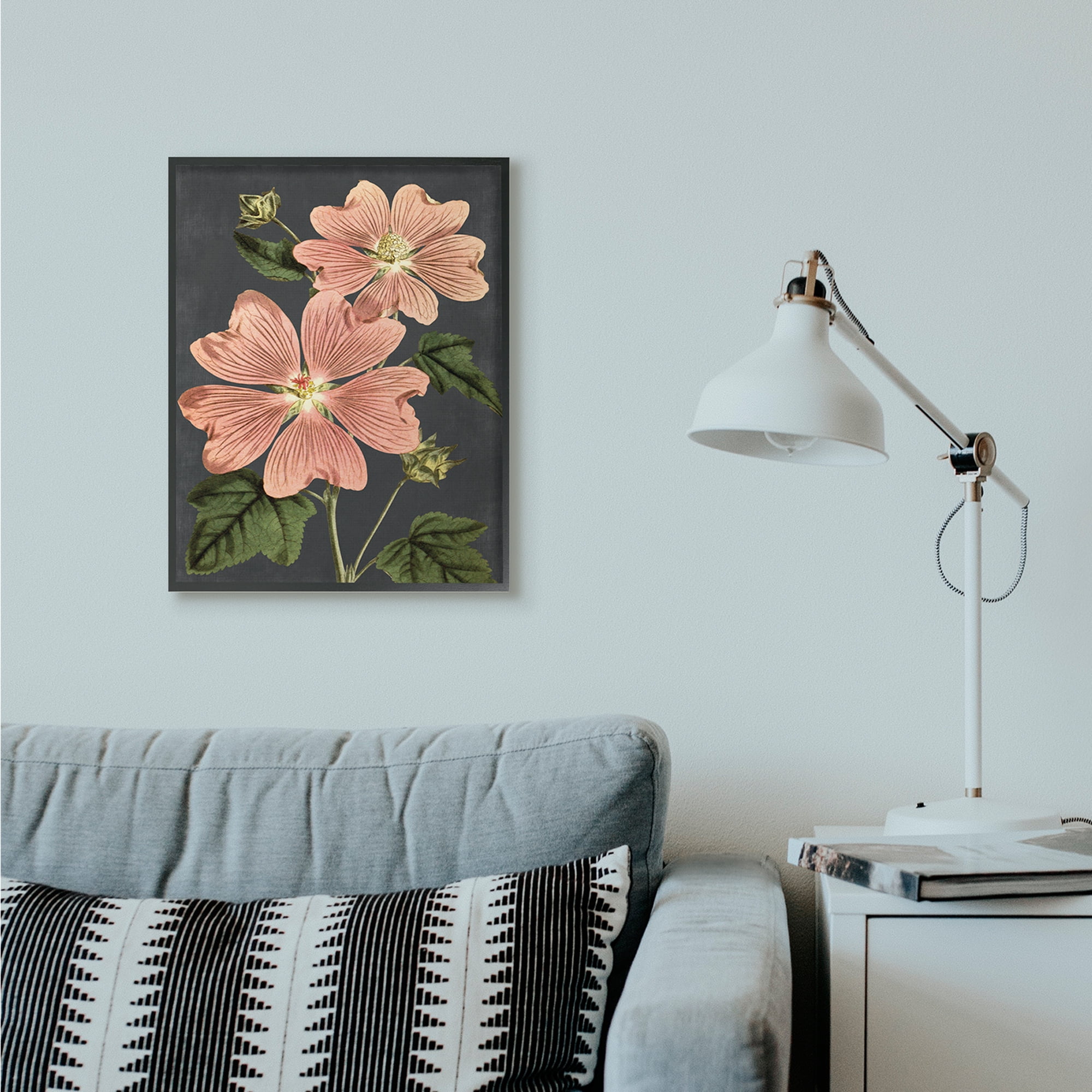 Stupell Industries Botanical Drawing Pink Flower On Black Design Framed Wall Art by Lettered and Lined
