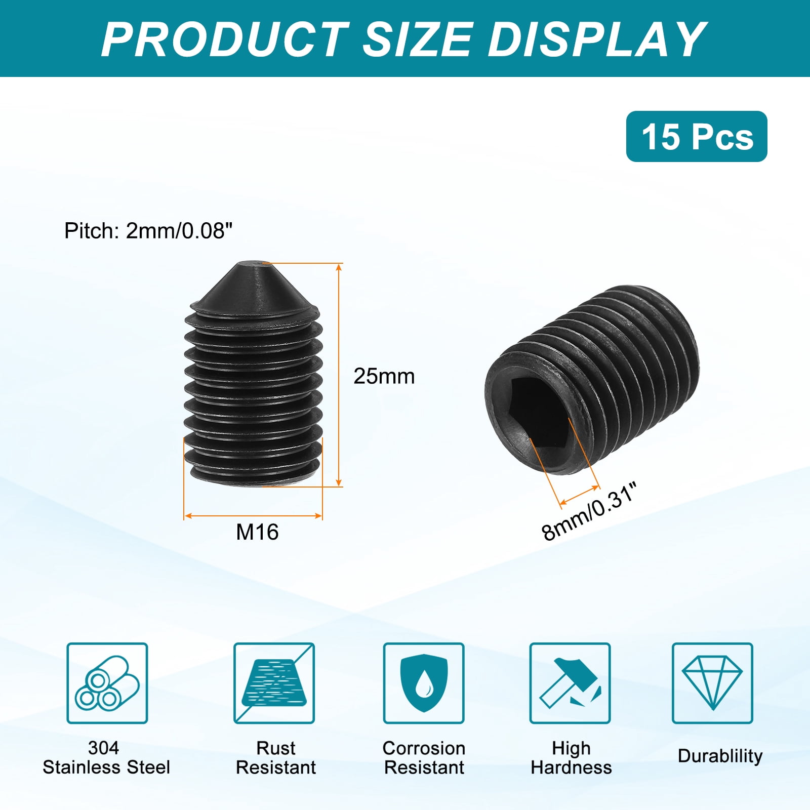 15 Pcs M16x25mm Set Screws, Carbon Steel Cone Point Hex Socket Grub Screw