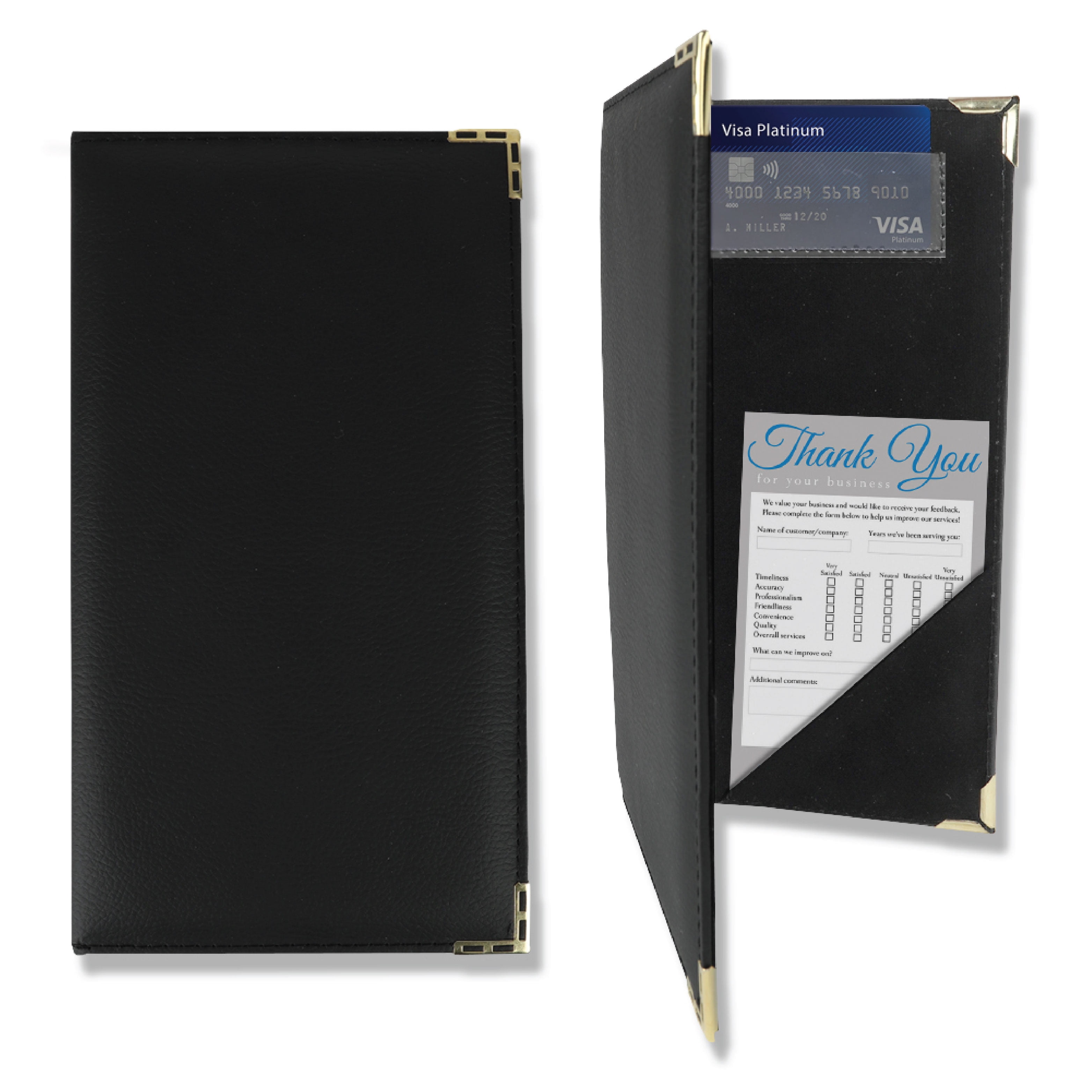 Leatherette Guest Check Presenters for Restaurants with Gold Corners