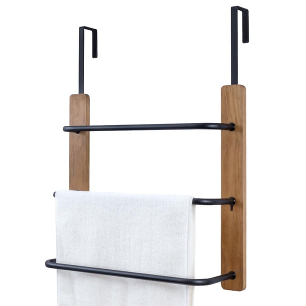 Toallero para colocarse sobre la Puerta, Hecho de Madera Maciza de 3 Niveles y Metal Negro Mate Tiene Acabados rústicos