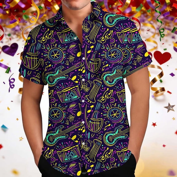 Kctiaxy Mens Short Sleeve Shirts Vintage Print Button Down Shirts Casual Elastic Turndown Collor Mardi Gras Shirt Summer Vacation Beach Cardigan Top