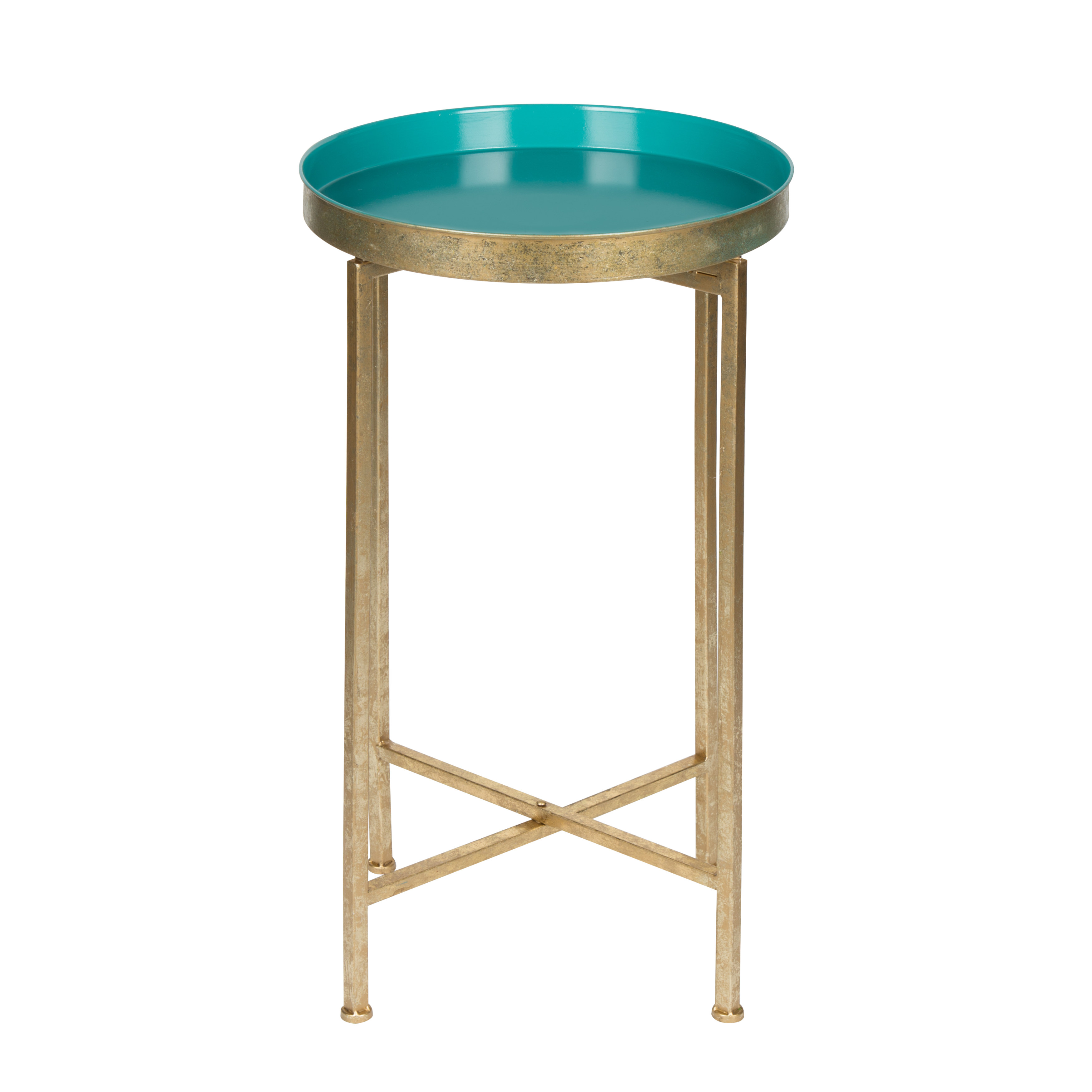 Kate and Laurel Celia Round Metal Foldable Tray Accent Table, Teal and