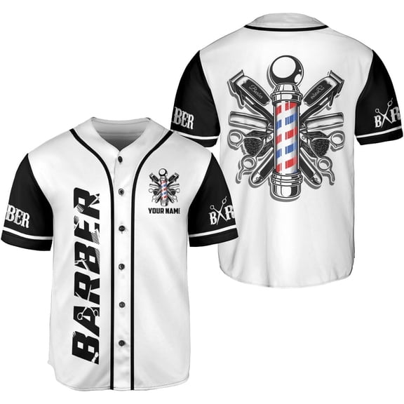 Custom Barber Shop Baseball Jersey Personalized Name Barber Shirt 3D for Men Women Hairdresser Shop Gift Scissors Pole Shirts (L)