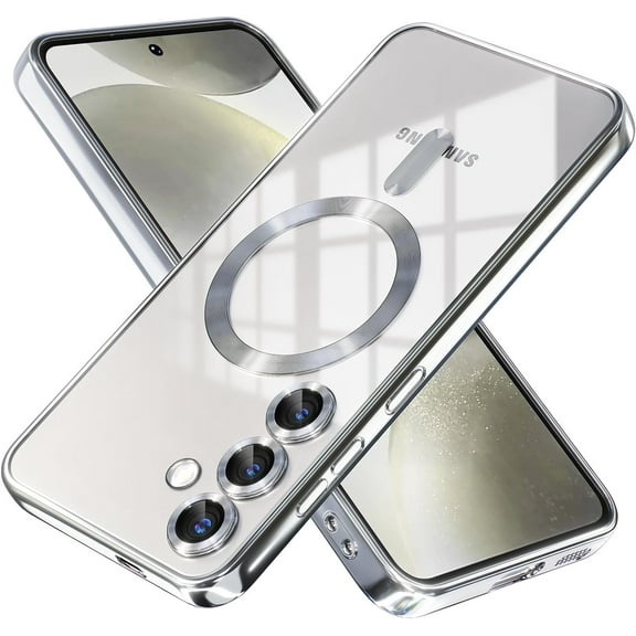 Magnetic for Samsung Galaxy S24  Plus Case Compatible with MagSafe [Never Yellowing] [Military Grade Drop Protection] Full Camera Lens Protector Plating Soft Clear Phone Case, Silver