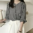 thumbnail image 3 of Women's Long Sleeve Round Neck Plaid Shirt Blouse Tops, 3 of 3