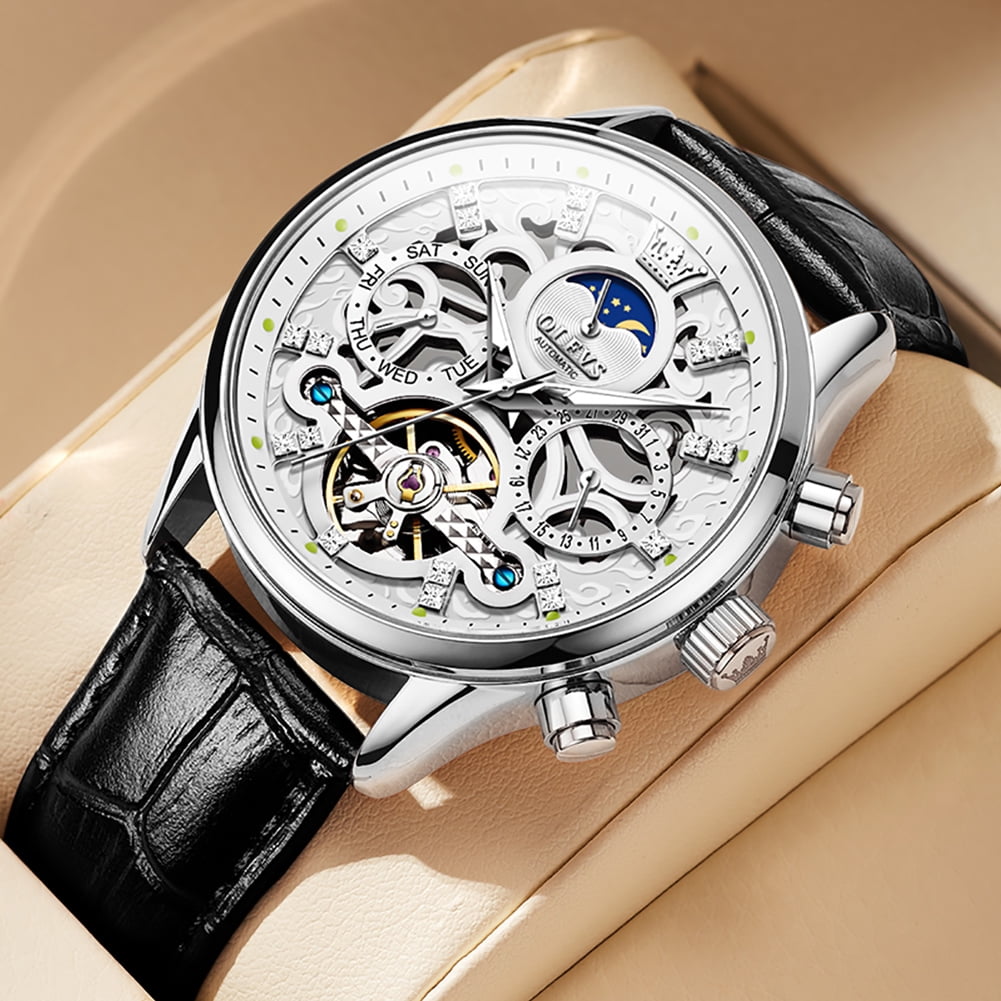 OLEVS Automatic Watches for Men Self Winding Mechanical Chronograph Skeleton Flywheel Luxury Dress Black Brown Leather Diamond Moon Phase Waterproof Luminous Mens Wrist Watches Reloj Para Hombre