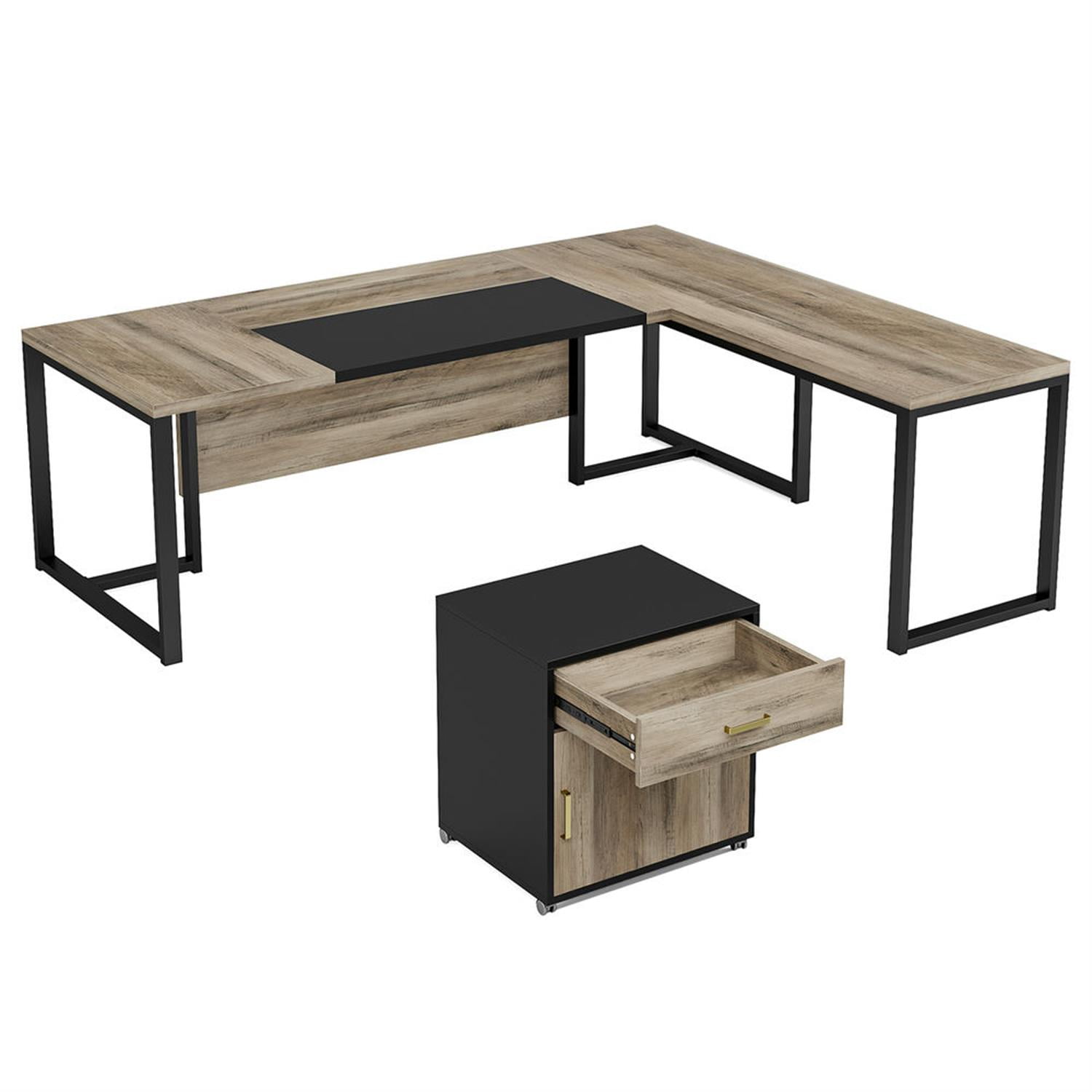 Demi Bonn Modern L Shaped Gaming Desk, 71" Executive Desk with Mobile Lateral File Cabinet for Home Office, Gray