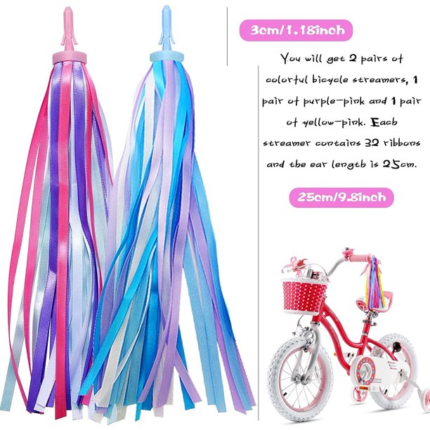 Lot De 2 Paires De Serpentins Arc-en-ciel Pour Vélo Enfant - Pompons Colorés à Clip Pour Guidon - Décoration Girouette Bleu, Violet, Rose