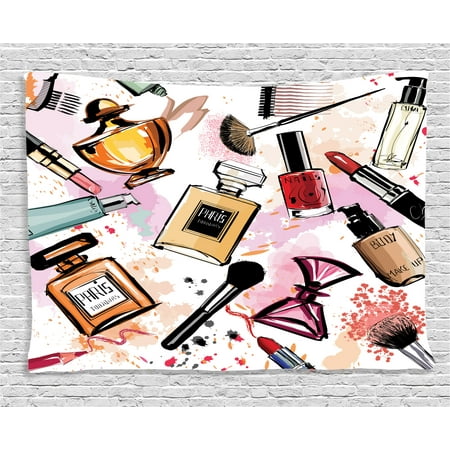 City Hangings - Girly Decor Tapestry, Cosmetic Make Up Theme Pattern Perfume and Lipstick Nail Polish Brush Modern City, Wall Hanging for Bedroom Living Room Dorm Decor, 60W X 40L Inches, Multi, by Ambesonne