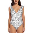 thumbnail image 2 of Yiaed Black White Music Print Women's Ruffled One Piece Swimsuit V Neck Swimwear Slimming Monokini for Woman-Medium, 2 of 8