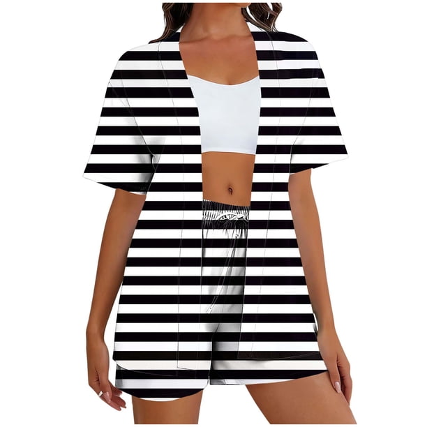 Mujeres largo cardigan con bolsillos de moda suelto diario casual no posicionamiento impreso conjunto, manga corta superior y pantalones