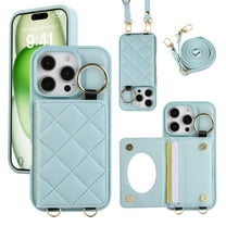 TECH CIRCLE for iPhone 15 Case, Quilted PU Leather Double Magnetic Clasp Shockproof Cover with Card Holder Shoulder Strap Mirror Ring Stand Flip Wallet Case for iPhone 15 6.1",Blue