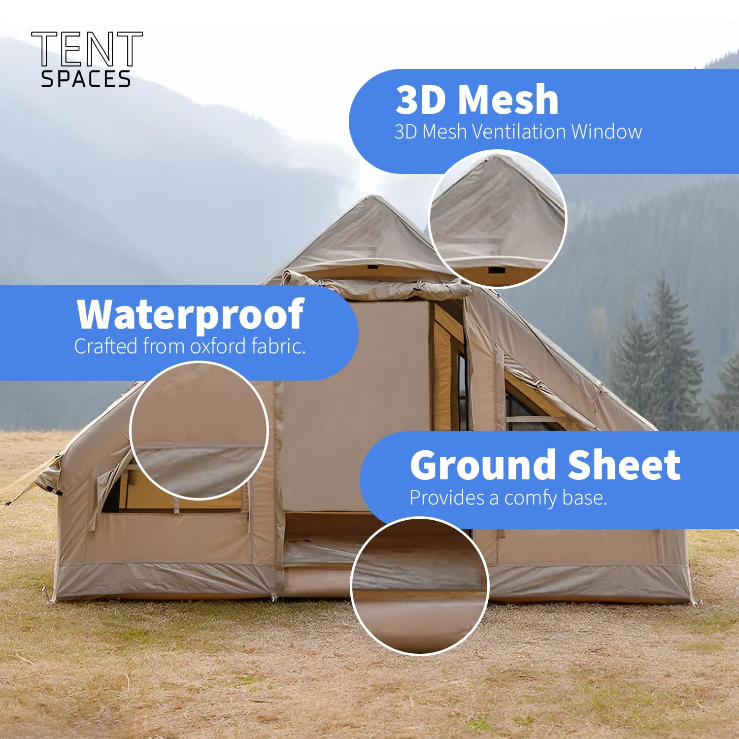 Tentspaces - Inflatable Tents for Camping | Glamping Tent | Blow Up Tent | Lightweight Tent I Quick Assembly | Included Air Pump, Ground Pegs, Ropes, and Repair Package | 6 Person (Rhonda 4350)