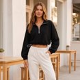 thumbnail image 4 of Womens Cropped Sweatshirt, Quarter Zip Pullover with Stand Collar, Drawstring Hem, Oversized Long Sleeve Tops for Fall Winter S, 4 of 7