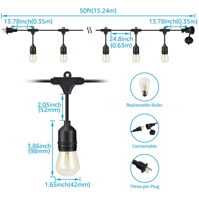 TORCHSTAR 50ft Commercial Weatherproof String Lights, Outdoor Patio String Light, 15 Sockets, 24 Bulbs Included Hanging Lights TORCHSTAR 50ft Commercial Weatherproof String Lights, Outdoor Patio String Light, 15 Sockets, 24 Bulbs Included Hanging Lights