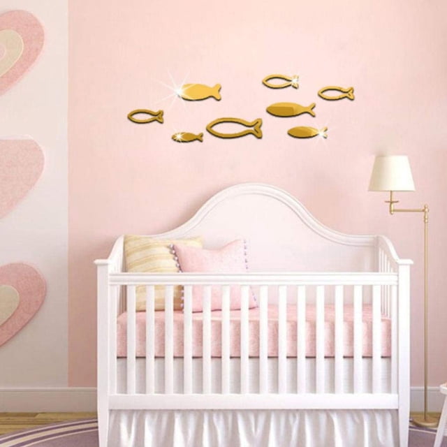 Pegatinas de pared de escuela de peces, decoración de pared de telón de fondo para sala de estar y dormitorio (dorado)