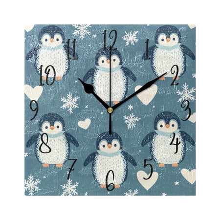 WOBOGO Cute Penguins Blue Pattern Wall Clock 7.78 Inch Battery Operated Silent Unit Square Rustic Vintage Style for Home Bedroom Office Black Pointer