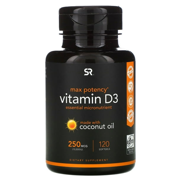 Sports Research Vitamin D3 with Coconut Oil, 250 mcg (10,000 IU), 120