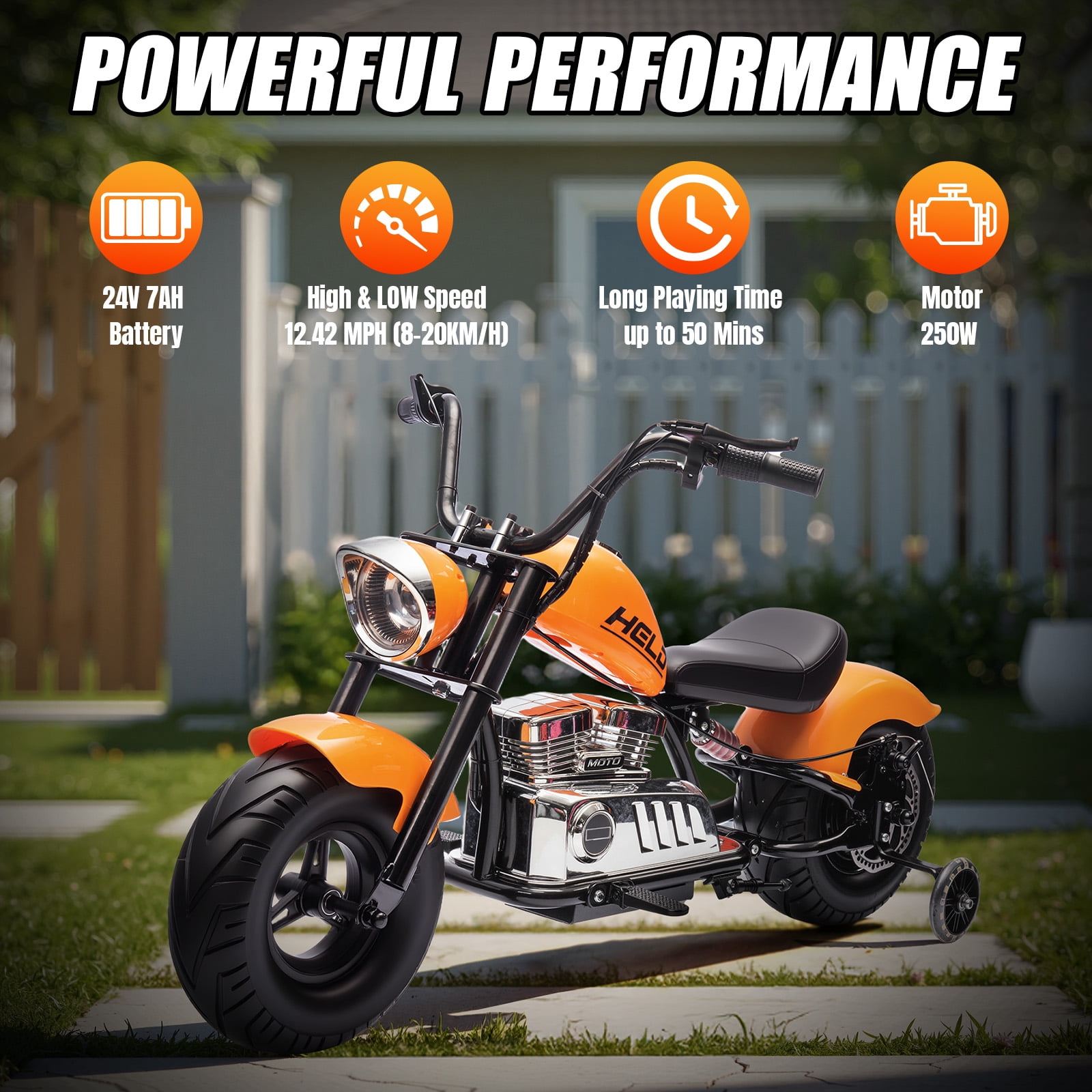 MUKIDY 24V Electric Motorcycle for Kids, 250W Ride on Motorcycle with Twist Grip Throttle, Key Start, Music, Speed up to 12.4 mph, Age 8+, Orange