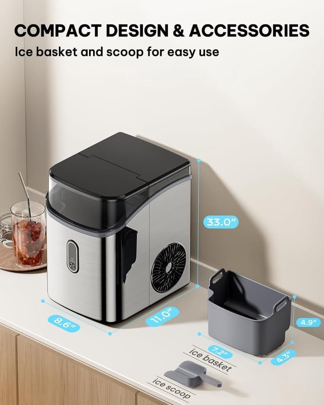 Countertop Nugget Ice Maker with Soft Chewable Pebble Ice, One-Touch Operation, Self-Cleaning Ice Machine, 33 lbs Daily Output, Stainless Steel Finish for Home, Kitchen, and Bar