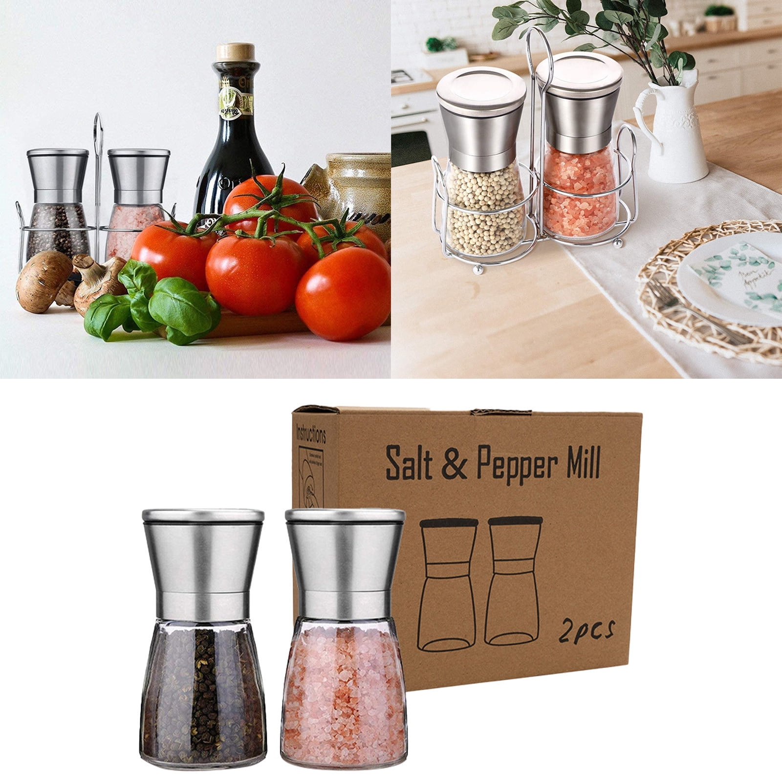 Piwvid 2 Pack Pepper and Salt Grinder Set, Stainless Steel Adjustable Coarseness Mill, Refillable Manual Grinder for Black Peppercorns, Easy to Clean, Kitchen Tool