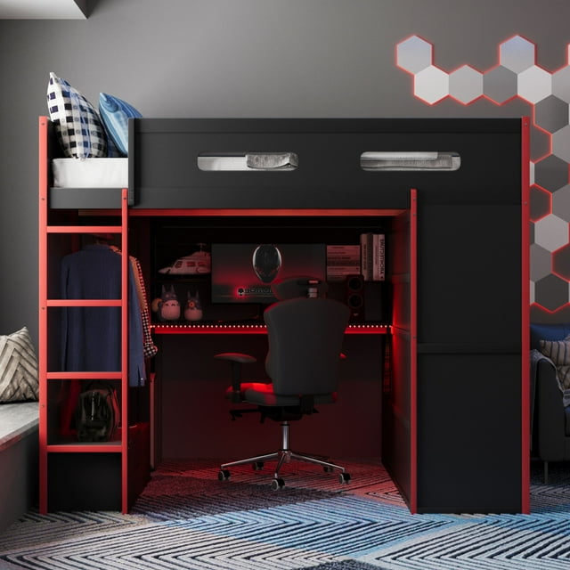 HMSHA Lit Mezzanine en Bois Pleine Grandeur avec Bureau, Garde-Robe, Grand Espace de Rangement et Lumière RVB, Rouge